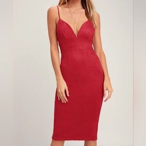 NWT Lulus Dynamic Diva Wine Red Suede Bodycon Midi Dress Size Small